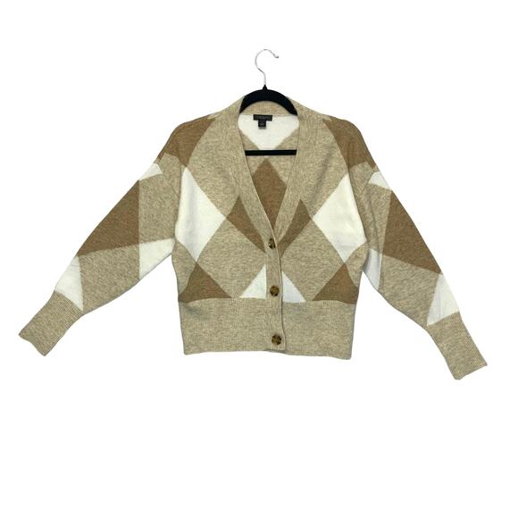 Ann Taylor Factory Argyle Plaid Button Front Cropped Sweater Women's Sz S Beige - Picture 1 of 6